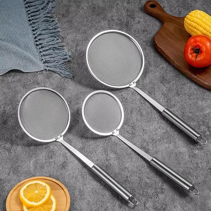 Cuillère d'écumoire de graisse en acier, cuillère de crépine d'écumoire à mailles fines pour enlever la graisse et la mousse, filtre d'huile alimentaire frit de cuisine