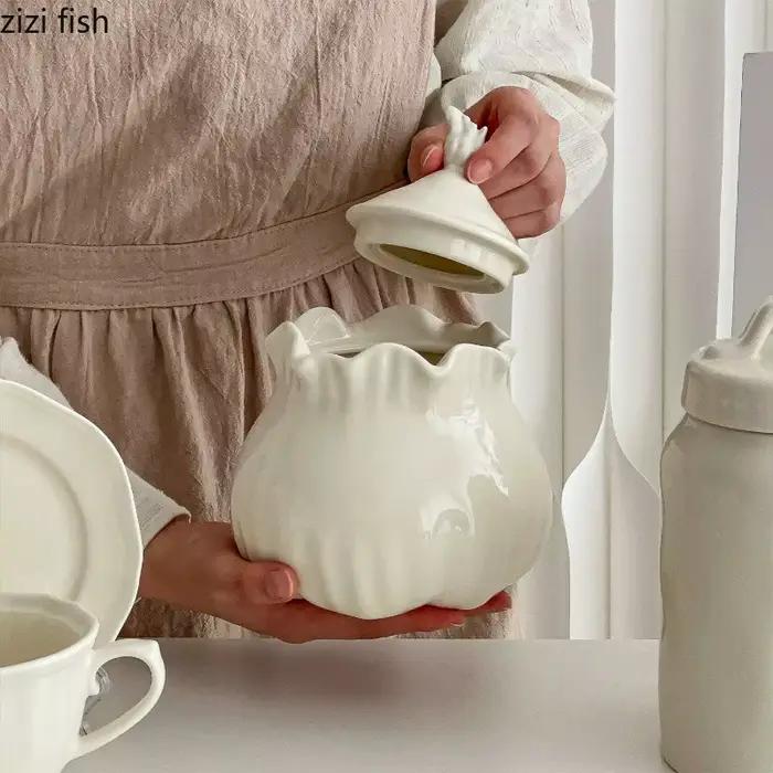Récipient de rangement en céramique blanc laiteux pour cuisine, pot à céréales, bouteille de rangement, pot à bonbons, boîte de rangement, pot à fruits secs