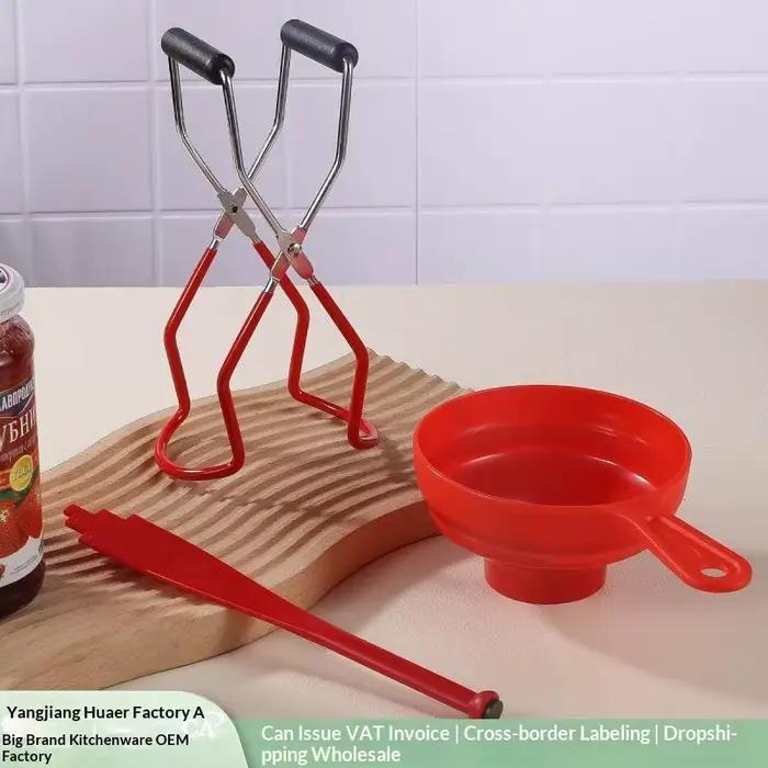 Kit d'outils de mise en conserve pratique 3 pièces : Pince à bocaux anti-brûlure et entonnoir de qualité alimentaire