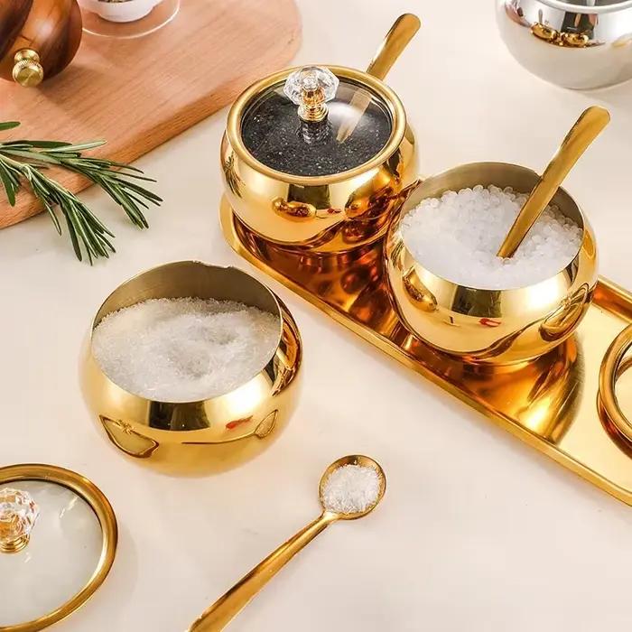 Pots à condiments de cuisine domestique en or et argent, pour servir sucre, poivre, sel, épices, bol à sucre en acier inoxydable avec couvercle et cuillère