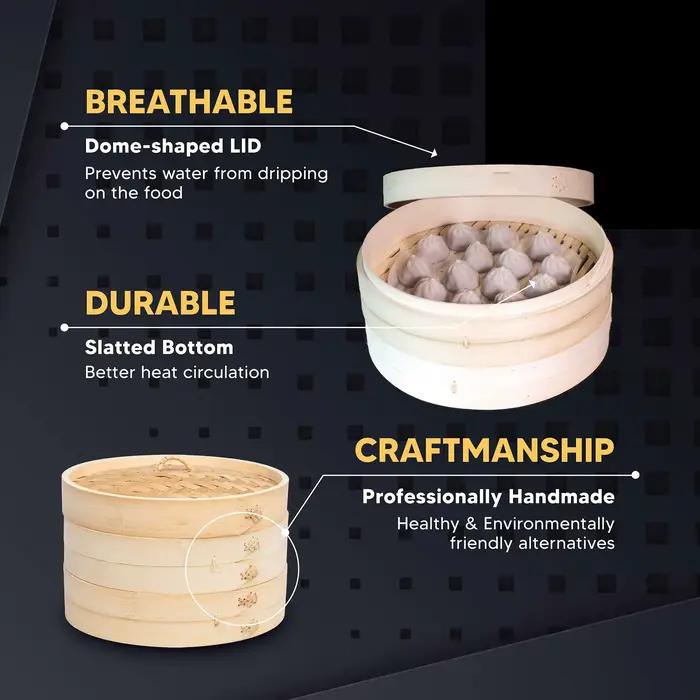 Cuiseur vapeur alimentaire en bambou de 10 pouces avec couvercle, bambou 100% naturel, panier vapeur pour la cuisson des boulettes, Dim Sum, légumes, viande de poisson