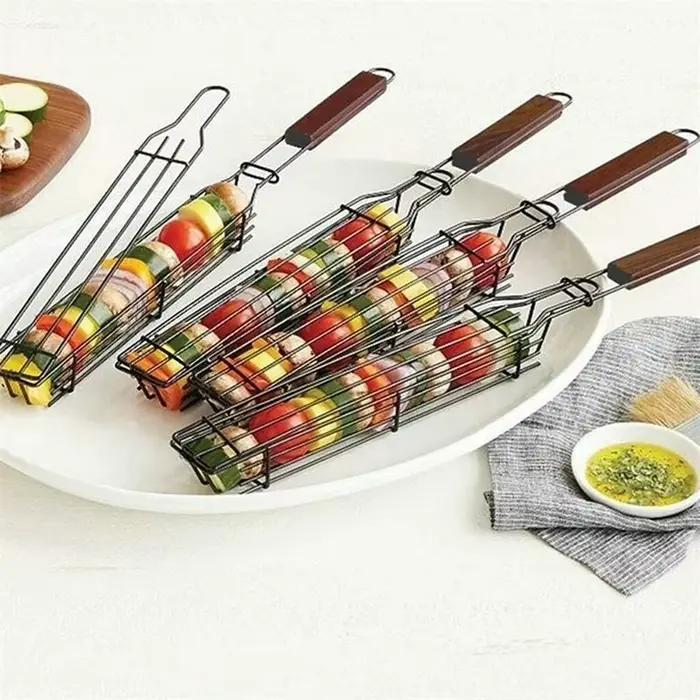 Manche en bois barbecue cage grill net portable antiadhésif barbecue accessoires camping charbon de bois barbecue grill extérieur