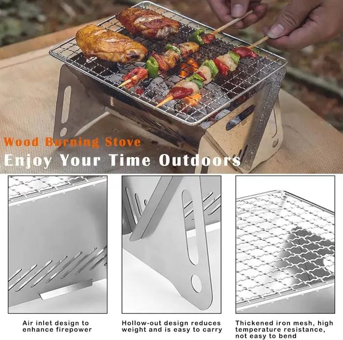 Poêle de randonnée pliant en acier inoxydable, gril à charbon de bois pour barbecue, poêle de camping pour randonnée pique-nique jardin cuisine arrière-cour