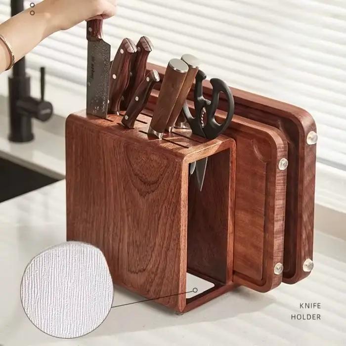 Planche à découper en bois massif et support de rangement de couteaux, étagère de rangement de cuisine multifonction, planche à découper tout-en-un et support d'ustensiles