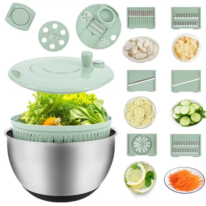 1 Essoreuse à salade en acier inoxydable/plastique, grande essoreuse à laitue avec lame, sécheur de légumes multifonctionnel pour la cuisine