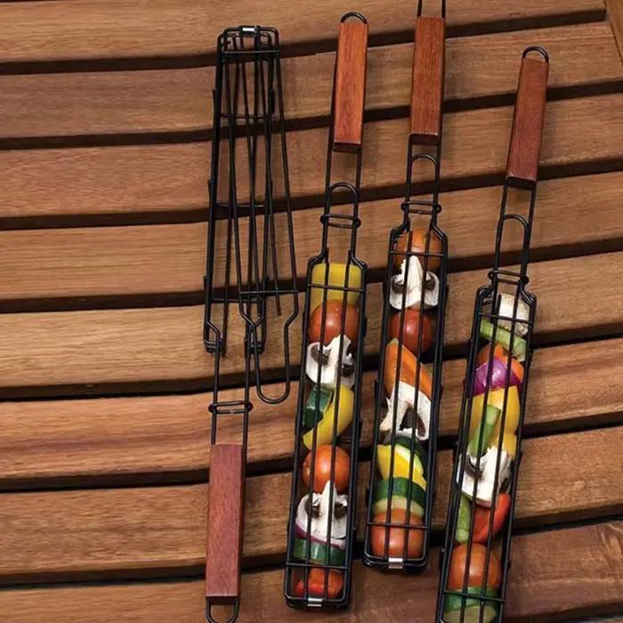 Manche en bois barbecue cage grill net portable antiadhésif barbecue accessoires camping charbon de bois barbecue grill extérieur