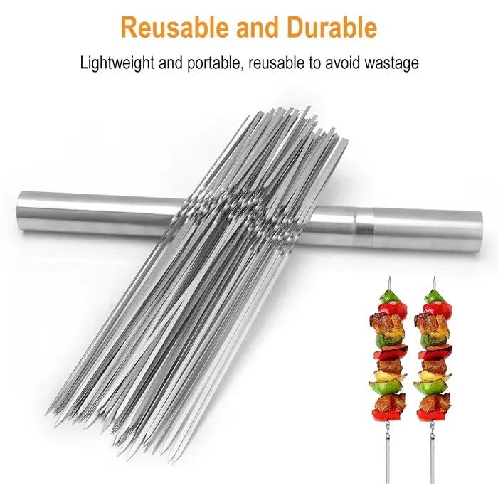 Brochettes en métal pour grillades à Kabobs 50 pièces 28cm brochettes à Kabob plat BBQ brochette de Barbecue ensemble réutilisable avec Tube de rangement Portable