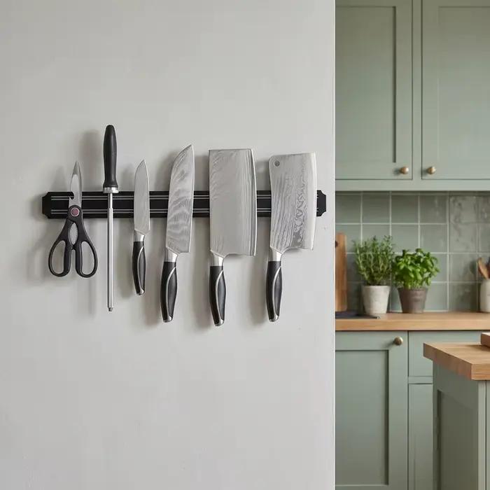 Porte-couteaux magnétique pour cuisine, support mural magnétique pour couteaux, support de rangement magnétique pour couteaux absorbant l'aimant, outil de rangement