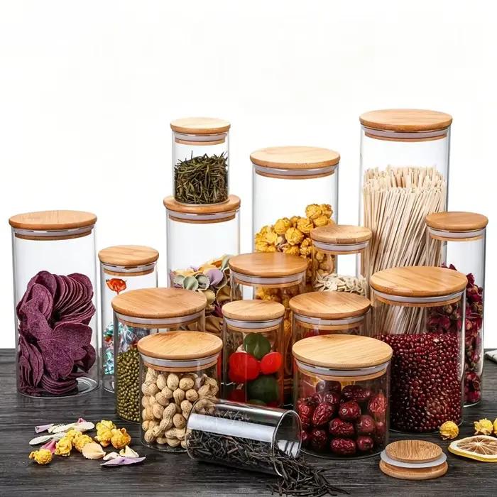 Pot en verre transparent avec couvercle en bois scellé, récipient de stockage alimentaire multifonctionnel, pot de stockage pour thé, bonbons, épices