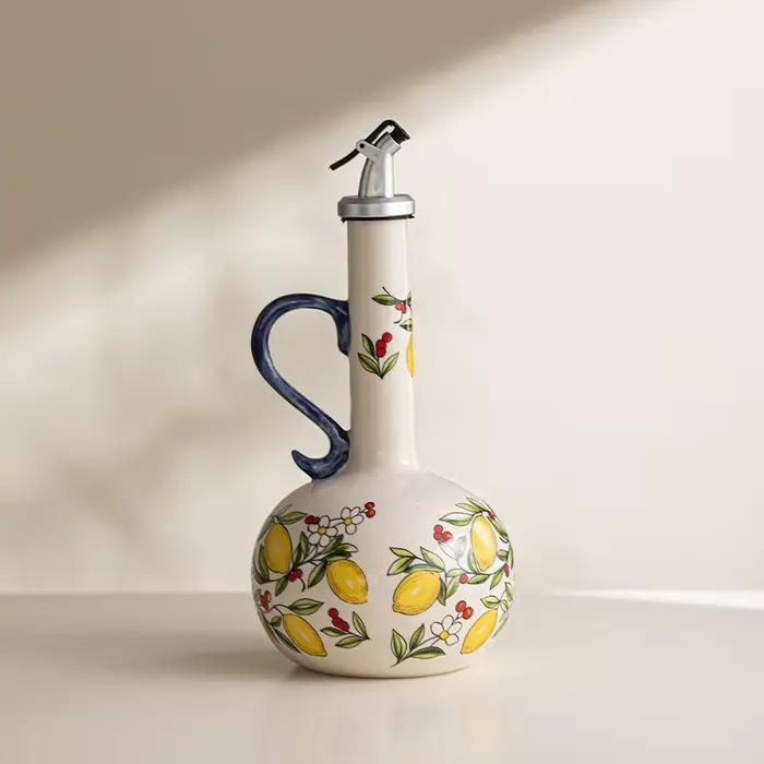 Distributeur d'huile d'olive rétro en céramique gaufrée sous glaçure, récipient de stockage pour huile et vinaigre, accessoire de cuisine