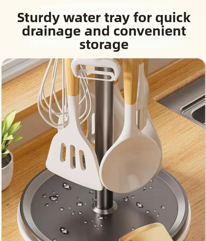 Support pour ustensiles de cuisine rotatif aluminium avec 8 crochets pour organisation du comptoir et ustensiles de cuisine multiples occasions
