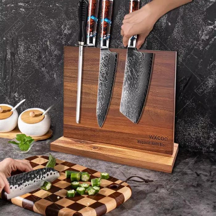 WXCOO Long bloc de couteau magnétique aimants puissants améliorés supports de rangement en bois d'acacia comptoir porte-couteau porte-couteau de cuisine