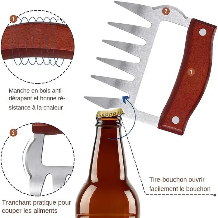 Griffes d'ours en acier inoxydable LMETJMA pour barbecue et manipulation de viande avec manche en bois ouvre-bouteille pour occasions familiales et rassemblements
