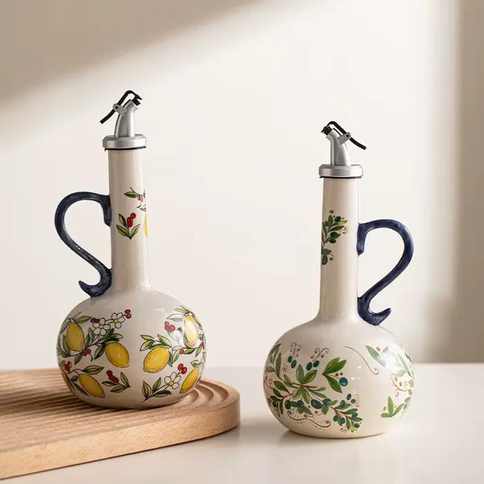 Distributeur d'huile d'olive rétro en céramique gaufrée sous glaçure, récipient de stockage pour huile et vinaigre, accessoire de cuisine