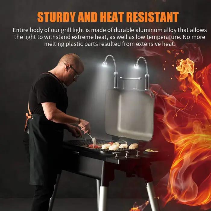 Lampe de gril – Accessoires de barbecue pour l'extérieur avec base magnétique, col flexible à 360 degrés, résistant à l'eau et à la chaleur, aucune batterie incluse