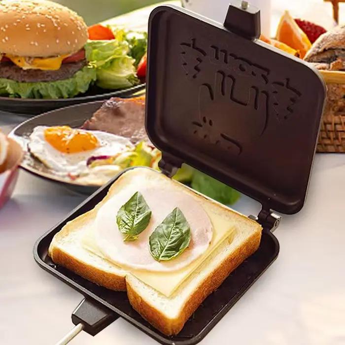 Machine à fromage grillé Double Face Cuisinière à Gaz Portative en Alliage d'Aluminium Manche en Bois pour Camping et Activités de Plein Air Occasions Spéciales