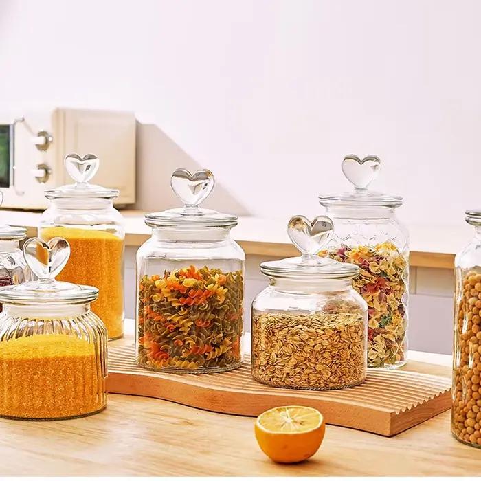 Pot en verre scellé moderne en forme de cœur, pot d'assaisonnement de cuisine en grains de café, pot en verre Transparent, récipient de stockage en verre pour bonbons et aliments