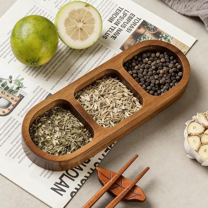 Assiette à condiments divisée en bois massif pour la maison
