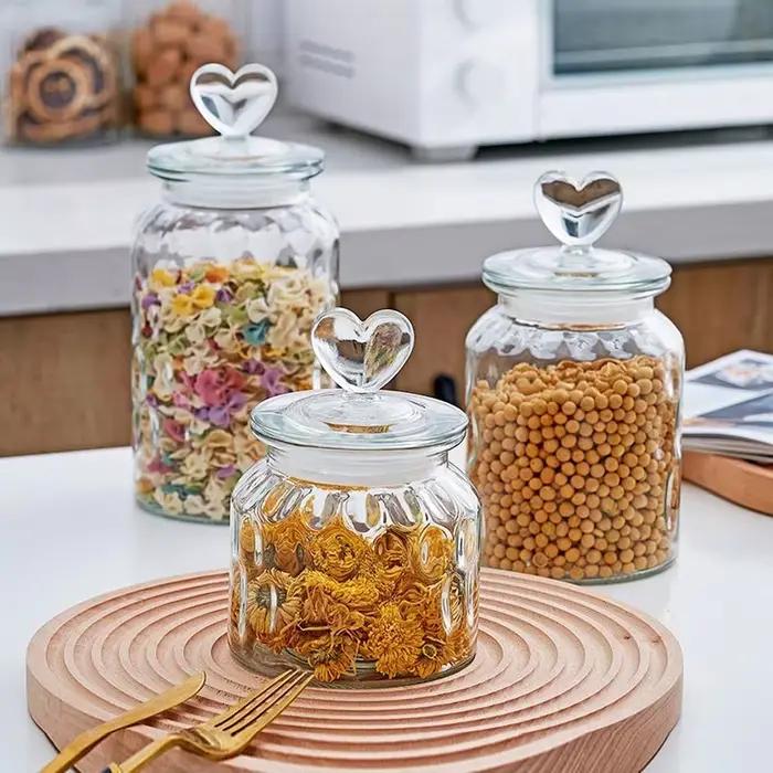 Pot en verre scellé moderne en forme de cœur, pot d'assaisonnement de cuisine en grains de café, pot en verre Transparent, récipient de stockage en verre pour bonbons et aliments