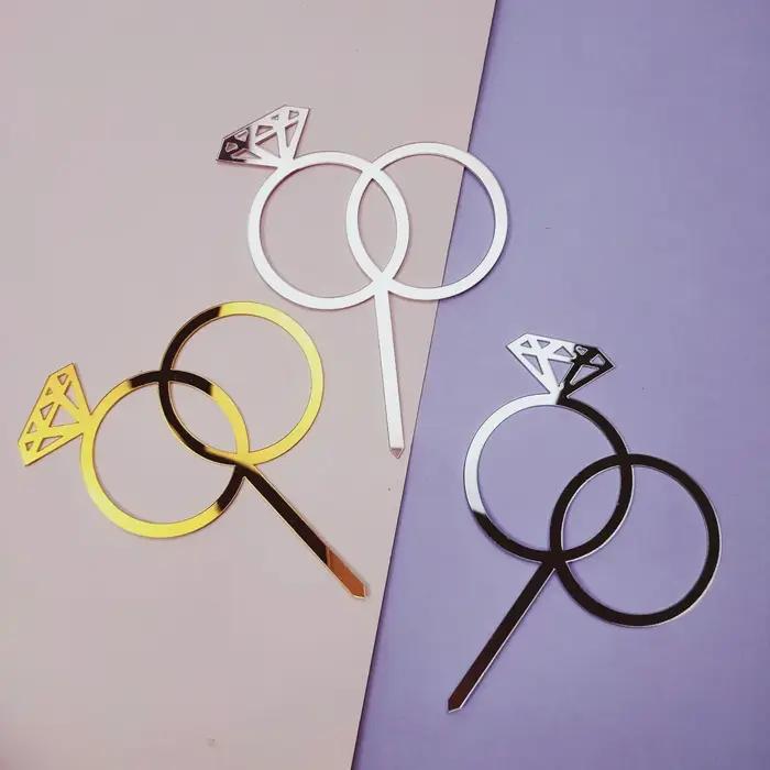 Décoration de gâteau de mariage avec bague en diamant acrylique miroir or élégante pour mariage et fiançailles cérémonie de mariage table de sucre