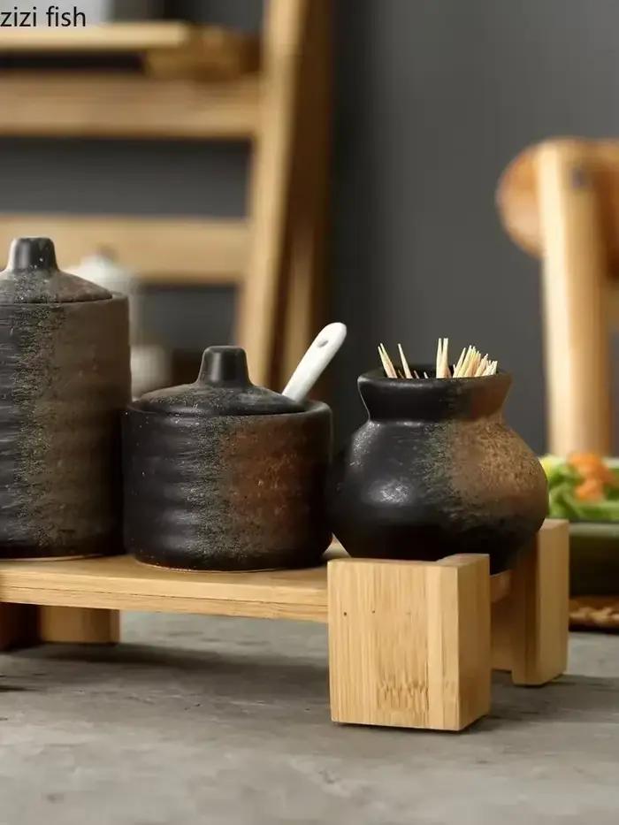 Pots d'assaisonnement en céramique rétro, salière et poivrière, outils à épices de cuisine, organisateur de pots, boîte d'assaisonnement, accessoires de cuisine