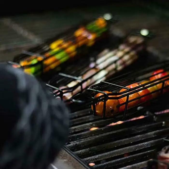 Manche en bois barbecue cage grill net portable antiadhésif barbecue accessoires camping charbon de bois barbecue grill extérieur
