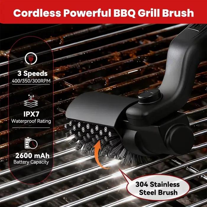 Brosse de barbecue rechargeable avec têtes de brosse rotatives pour nettoyage en profondeur, idéale pour grills en acier inoxydable, fonte ou fil métallique, camping et fêtes en plein air