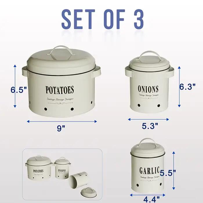3 Ensembles de Contenants de Rangement en Métal avec Couvercles pour Pommes de Terre, Oignons, Ail – Organiseur de Comptoir pour Cuisine et Garde-Manger