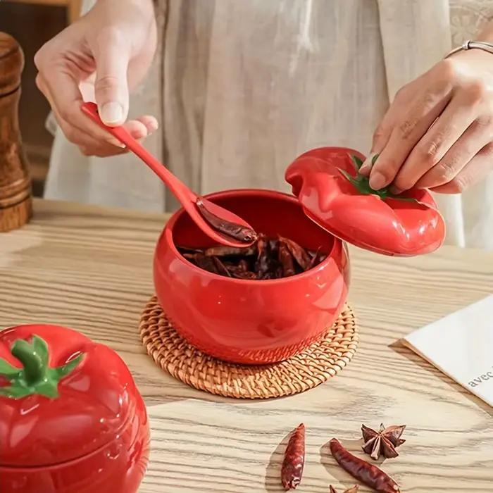 Sucrier tomate pot à épices en céramique pot de stockage avec cuillère cuisine Table à manger récipient d'assaisonnement noël maison décorative