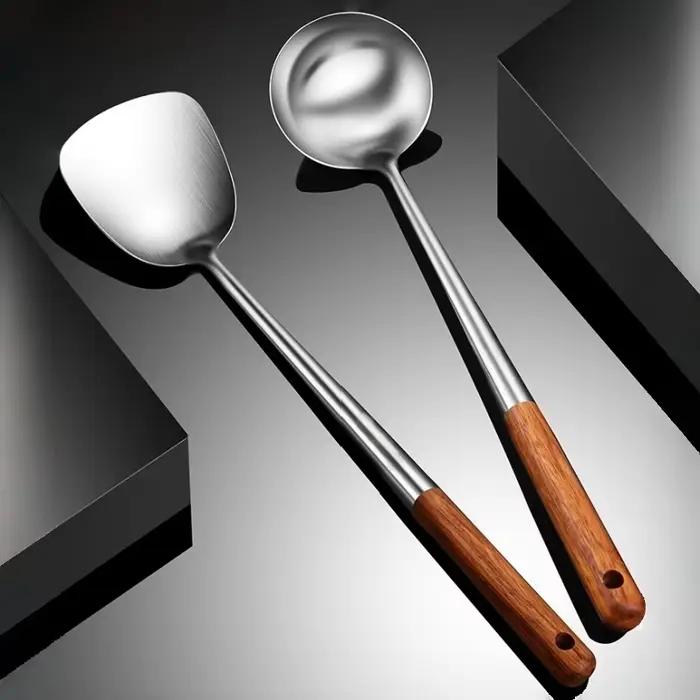 Spatule à poisson en acier inoxydable, poêle à œufs, cuillère antiadhésive, Long manche en bois, pelle plate fendue pour Steak, outil de cuisine