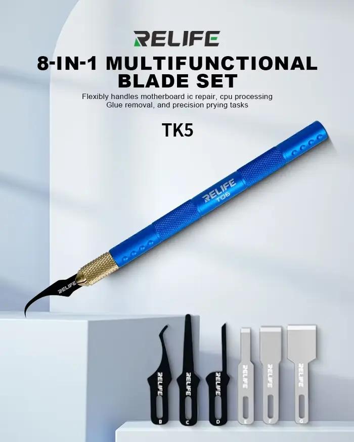 Couteau multifonctionnel RELIFE TK5 8 en 1, poli à la main, lame ultra-fine, pour le retrait de colle sur carte mère de téléphone, outils de levier pour IC et CPU