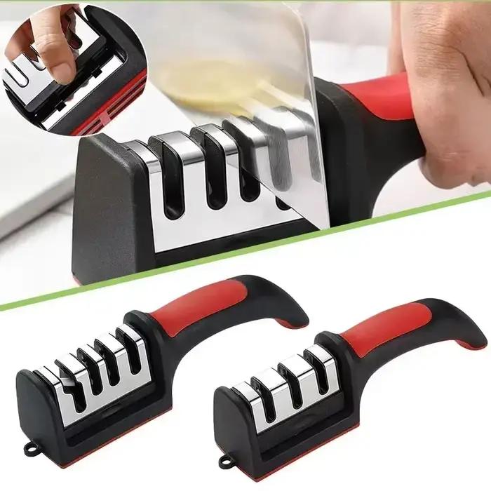 Aiguiseur de couteaux multifonction trois-en-un avec base antidérapante pour couteaux de cuisine céramique aluminium allié eco-friendly pour cuisine efficace et sûre
