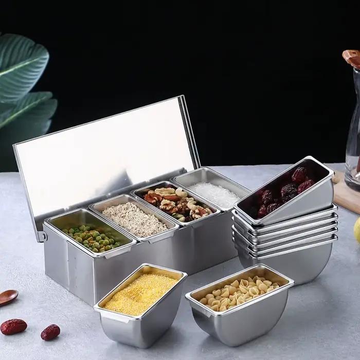 Boîte de rangement créative pour épices avec couvercle, 2/3/4/5/6 compartiments, récipient à épices et assaisonnements avec cuillère, support à épices de cuisine en acier inoxydable