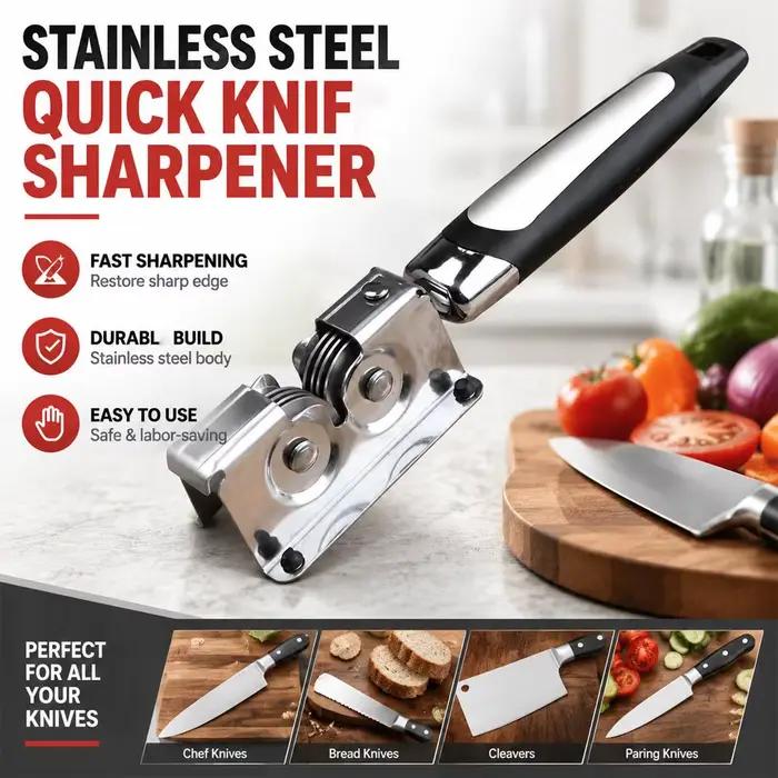 Aiguiseur de couteaux de cuisine manuel en acier inoxydable, outil d'affûtage professionnel pour restaurer rapidement les couteaux ternis, design moderne rouge, poignée ergonomique et sûre pour la maison