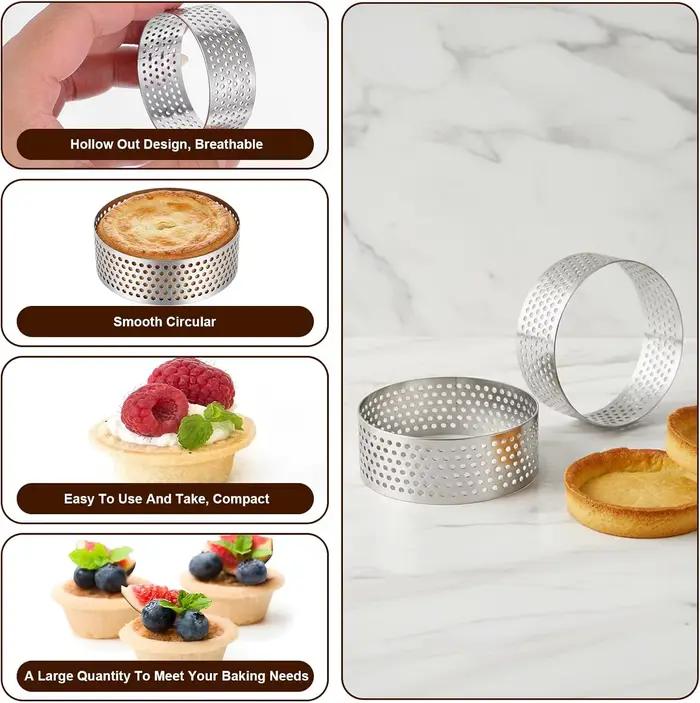 Ensemble de 12 Cercles à Tarte Ronds en Acier Inoxydable - Moules Perforés pour Mousses et Desserts, Emporte-pièces, Moules à Tarte aux Fruits
