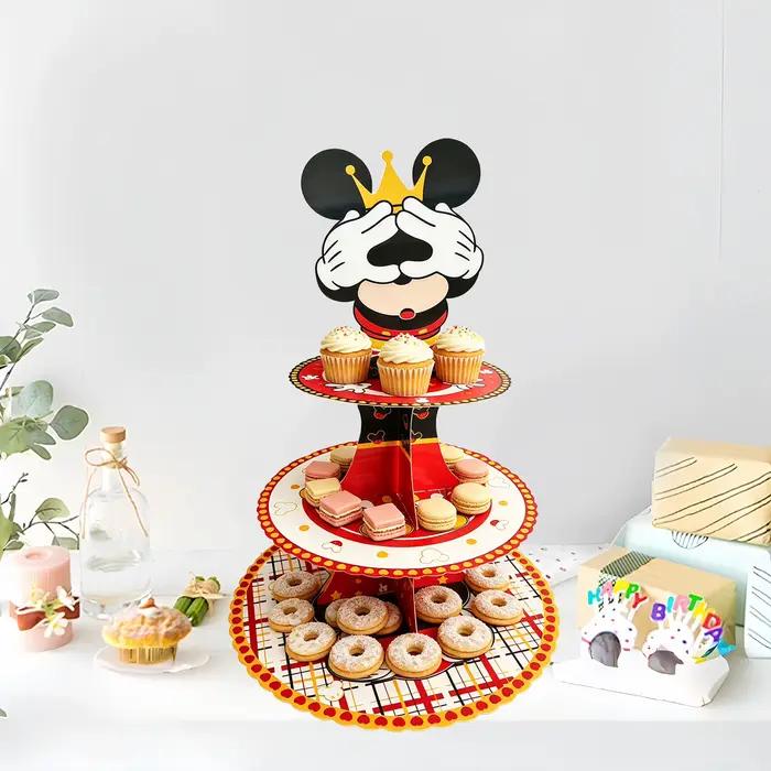 Support à cupcakes 3 niveaux Crown Mouse, support à dessert en carton rouge et noir à carreaux, support de présentation de cupcakes jetable pour enfants