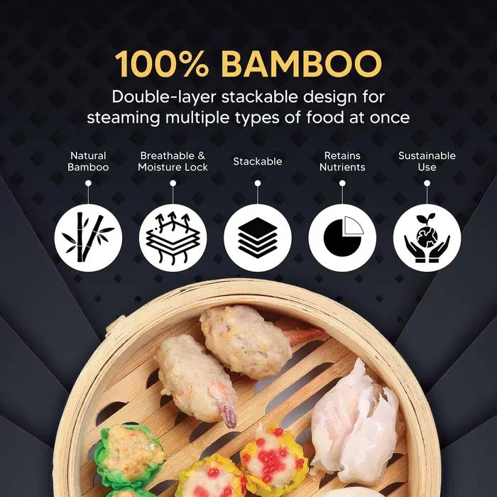 Cuiseur vapeur alimentaire en bambou de 10 pouces avec couvercle, bambou 100% naturel, panier vapeur pour la cuisson des boulettes, Dim Sum, légumes, viande de poisson