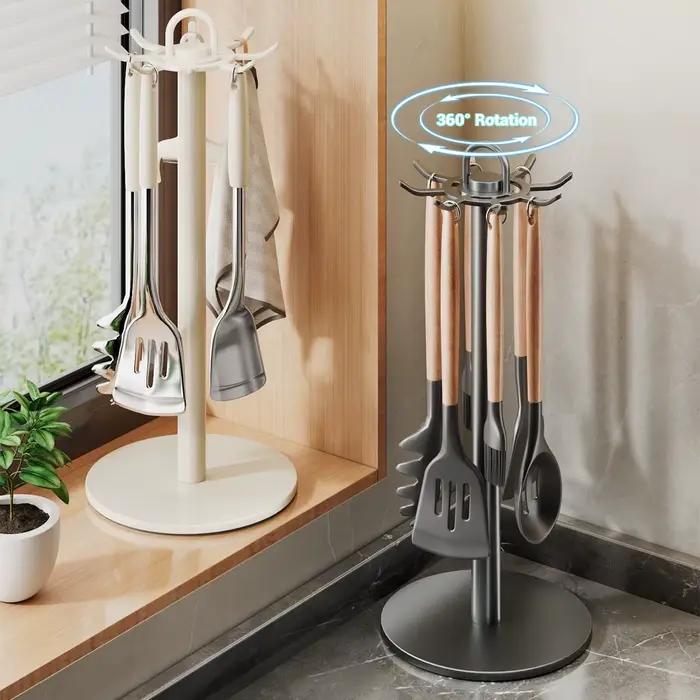 Support de rangement rotatif pour ustensiles de cuisine en métal avec 8 crochets pour organisation du comptoir et utilisation multiple occasions spéciales