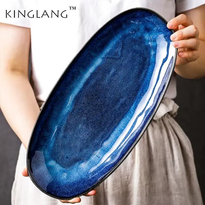 KINGLANG-Assiette Longue Bleue Glacée au Four Japonais, Poisson à la Vapeur Domestique, Grand pio à Sushi Créatif