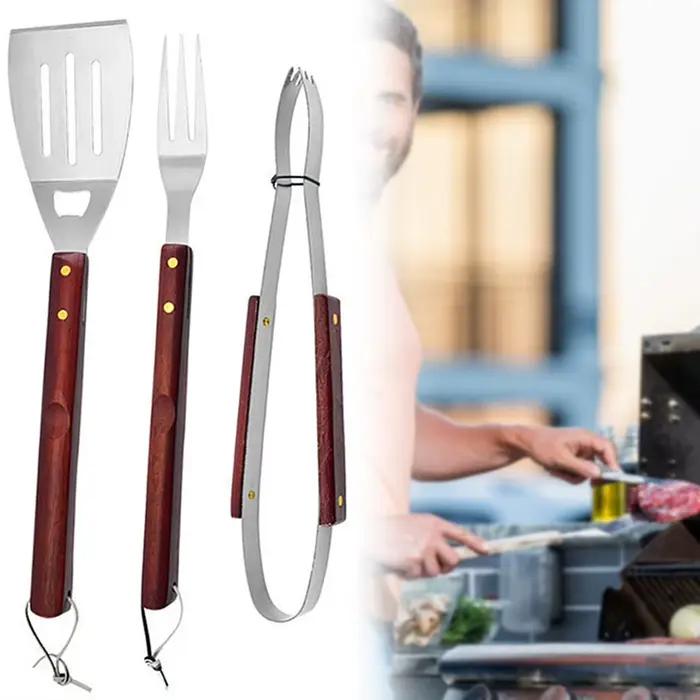 Kit de grillades à manche en bois, accessoires de Barbecue portables en acier inoxydable pour pique-nique