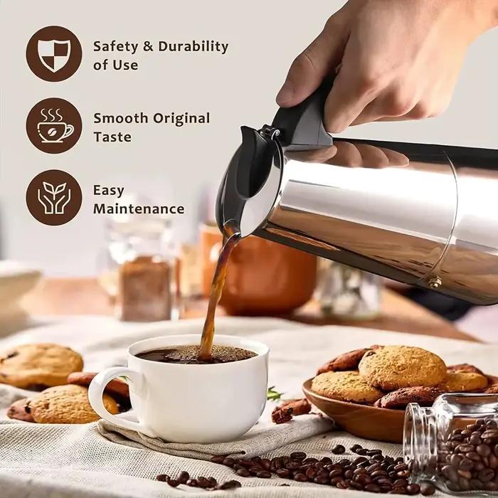Moka Pot Caffè Machine en acier inoxydable pour préparer jusqu'à 9 tasses de café expresso avec couche de crème, pour les matinées familiales, brunchs entre amis ou cadeaux spéciaux
