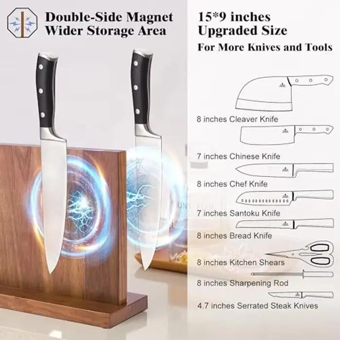 WXCOO Long bloc de couteau magnétique aimants puissants améliorés supports de rangement en bois d'acacia comptoir porte-couteau porte-couteau de cuisine