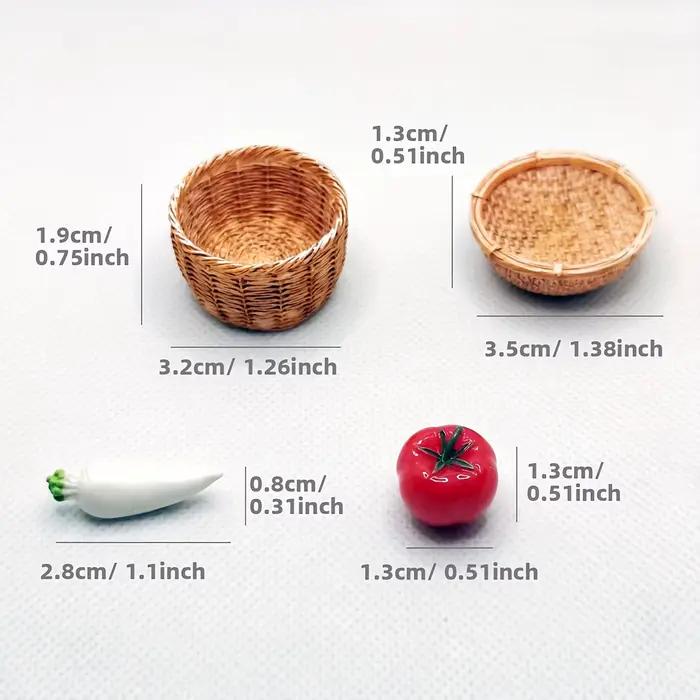 Lot de 8 miniatures de piments et melons pour maison de poupée avec panier : modèles miniatures de nourriture de ferme simulée à l'échelle 1/6 et 1/12