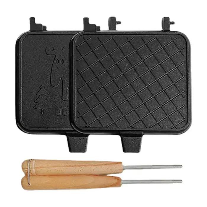 Machine à fromage grillé Double Face Cuisinière à Gaz Portative en Alliage d'Aluminium Manche en Bois pour Camping et Activités de Plein Air Occasions Spéciales