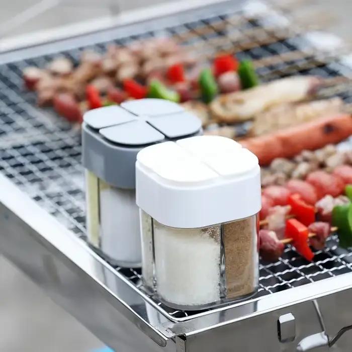 Pot à épices de camping 4-en-1 avec couvercle, distributeur transparent à 4 compartiments pour la cuisine en extérieur, barbecue, sel et poivre