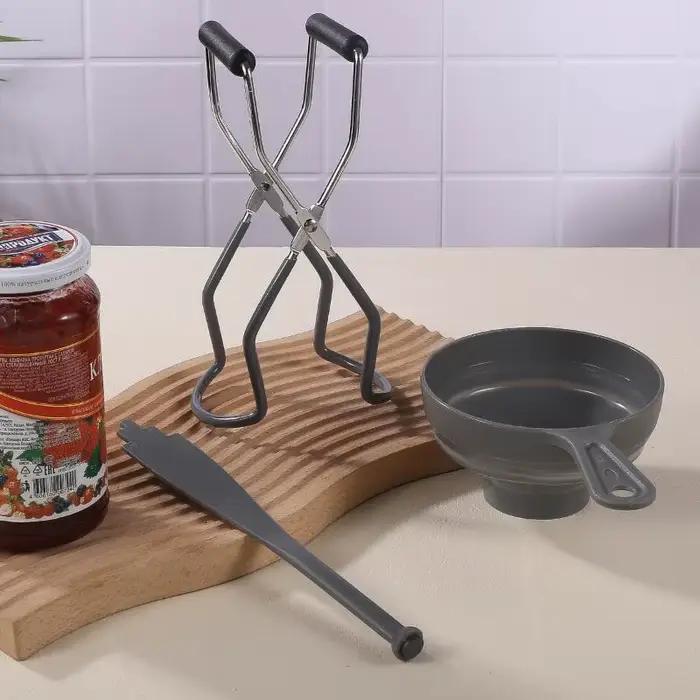 Kit d'outils de mise en conserve pratique 3 pièces : Pince à bocaux anti-brûlure et entonnoir de qualité alimentaire