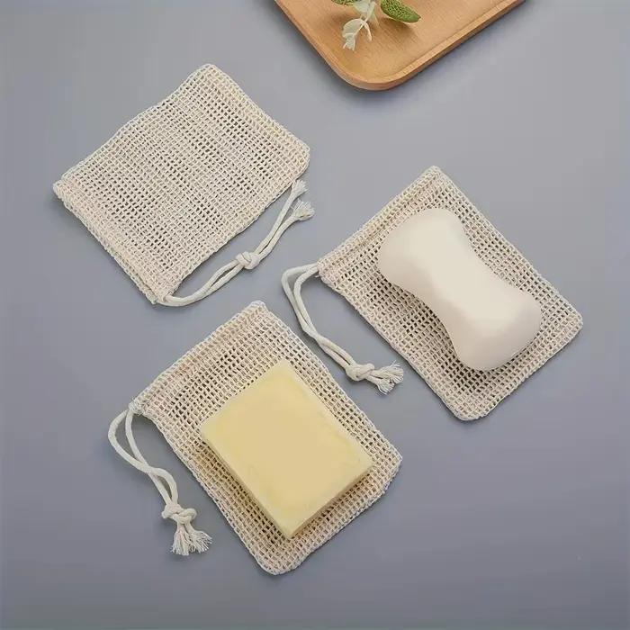 Sac à savon en coton naturel, 3 pièces, écologique, fait à la main, en maille de coton pour la mousse, pour le nettoyage du corps et les soins de la peau