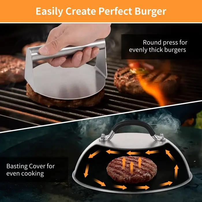 Kit de presse pour hamburgers, 4 pièces/ensemble, couvercle à badigeonner, spatule de gril, drague d'épices, Shaker, Kit de plaque chauffante pour gril à dessus plat, Hamburger