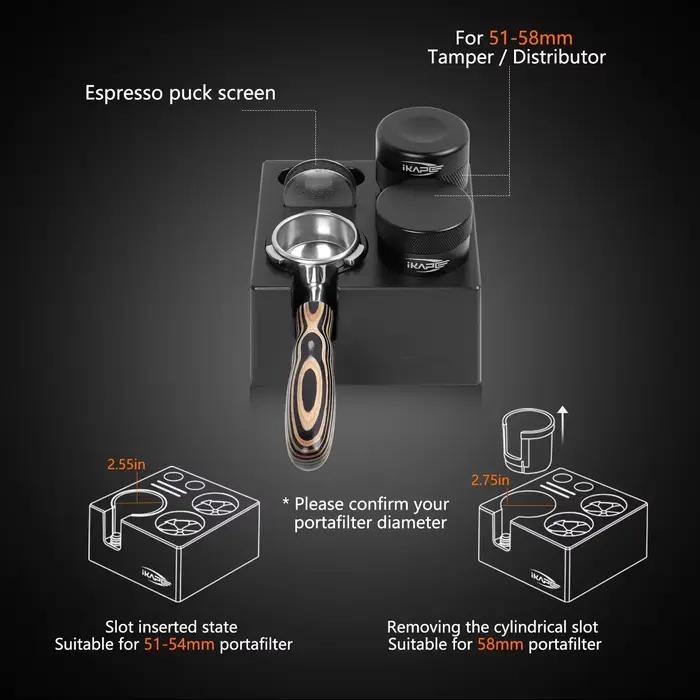 IKAPE Boîte à Expresso 7-en-1 51/54/58MM, Organisateur de Rangement pour Accessoires de Café, Boîte à Outils Universelle pour Bar à Expresso Noir/Blanc