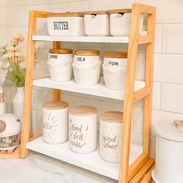 Étagère à épices de cuisine en bambou minimaliste japonais, organisateur de rangement multifonctionnel pour étagère de comptoir de table